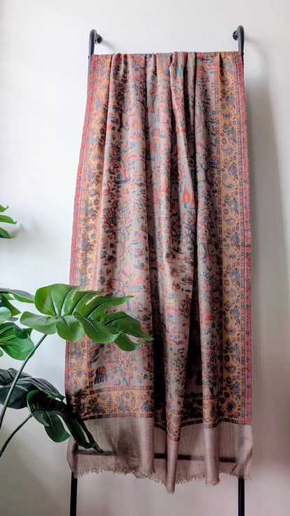 Pure Pashmina Kalamkari Shawl in Earthy Brown