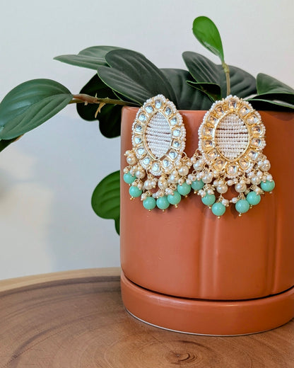 Ginni Kundan Drop Earrings - Mint