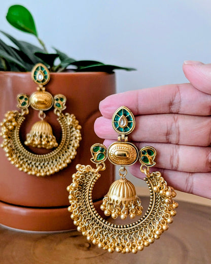 Ribha Kashmiri Chandbali Earrings - Green