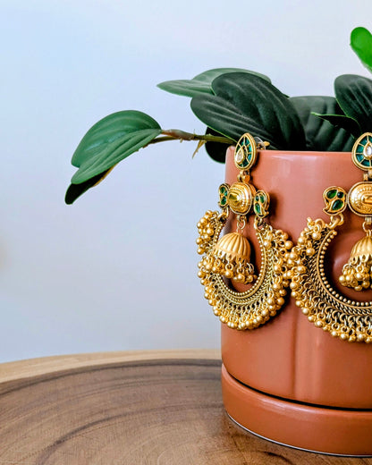 Ribha Kashmiri Chandbali Earrings - Green