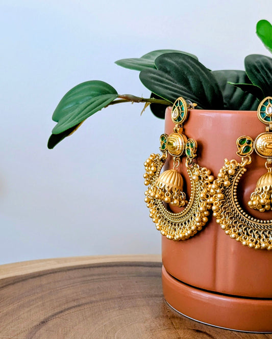 Ribha Kashmiri Chandbali Earrings - Green