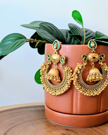 Ribha Kashmiri Chandbali Earrings - Green