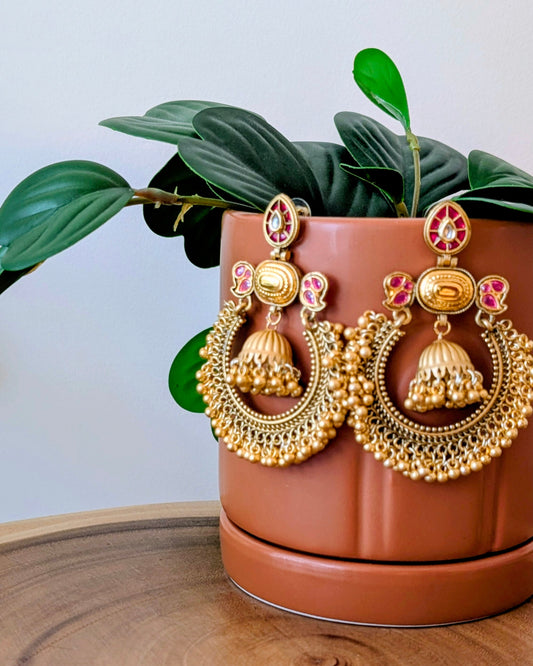 Ribha Kashmiri Chandbali Earrings - Red