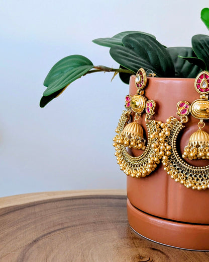 Ribha Kashmiri Chandbali Earrings - Red