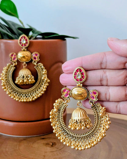 Ribha Kashmiri Chandbali Earrings - Red