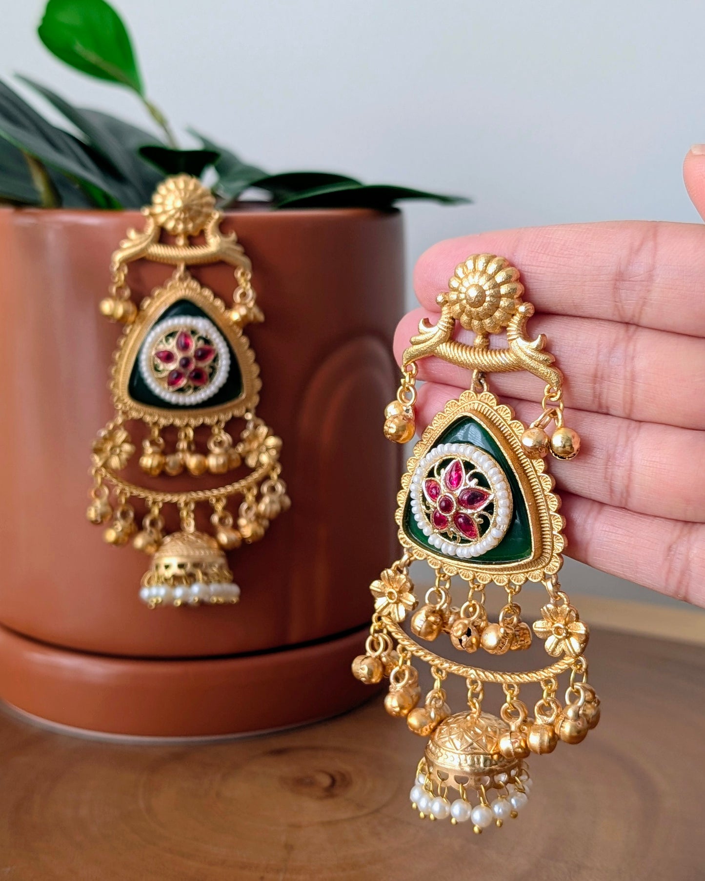 Arpita Golden Kashmiri Jhumke - Green