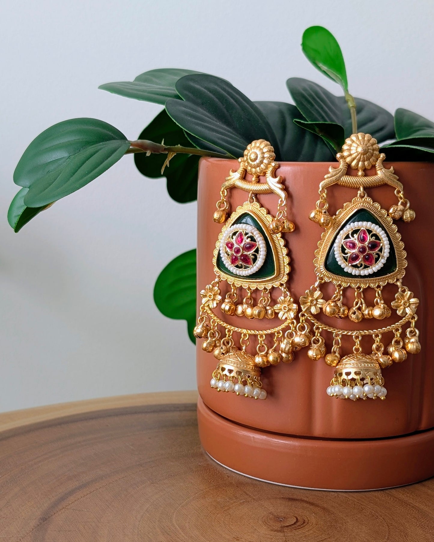 Arpita Golden Kashmiri Jhumke - Green