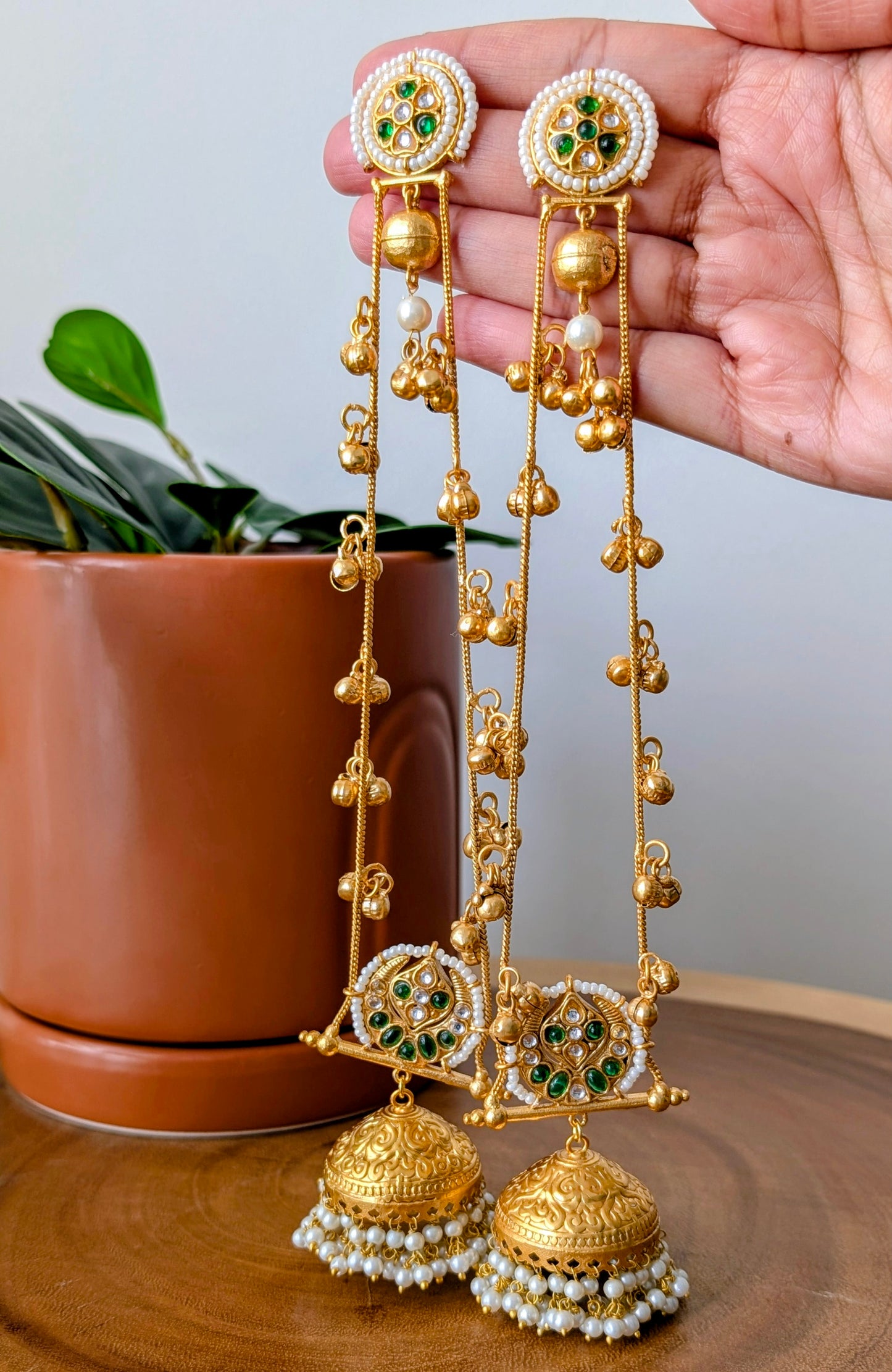 Maanvi Golden Kashmiri Jhumke - Green