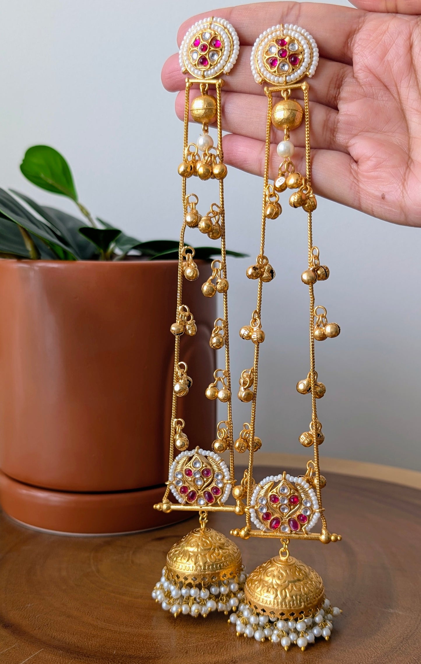 Maanvi Golden Kashmiri Jhumke - Red