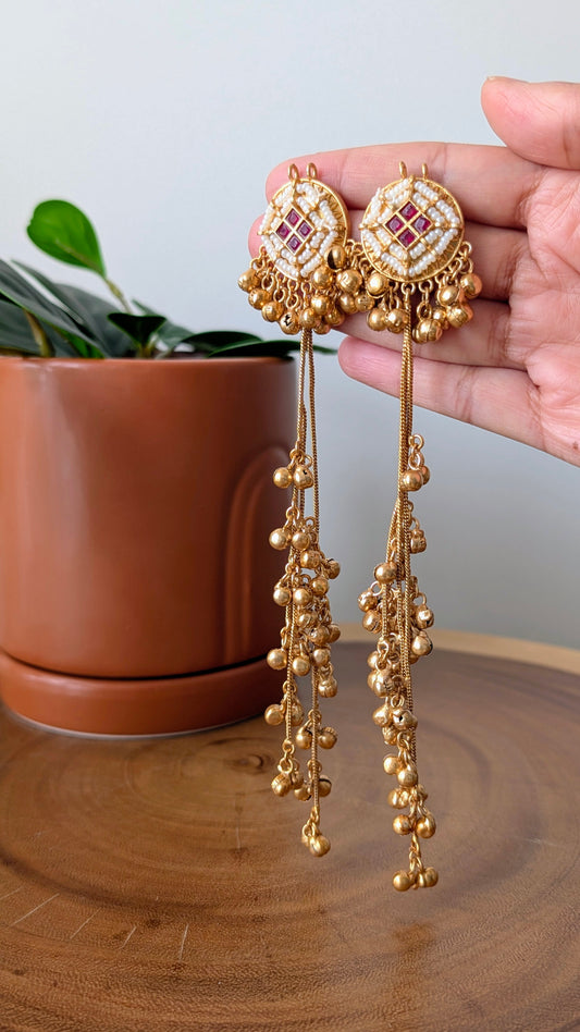 Anuja Long Golden Kashmiri Jhumke - Red
