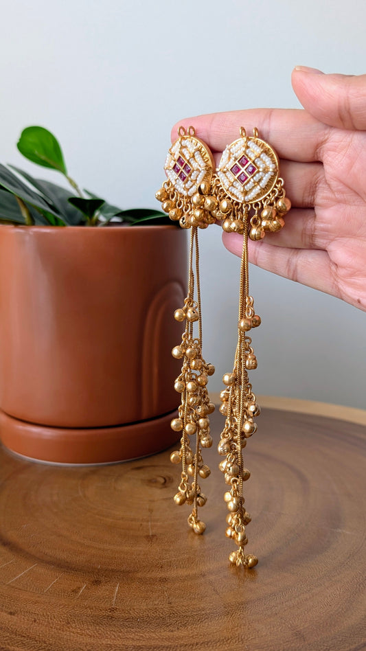 Anuja Long Golden Kashmiri Jhumke - Red