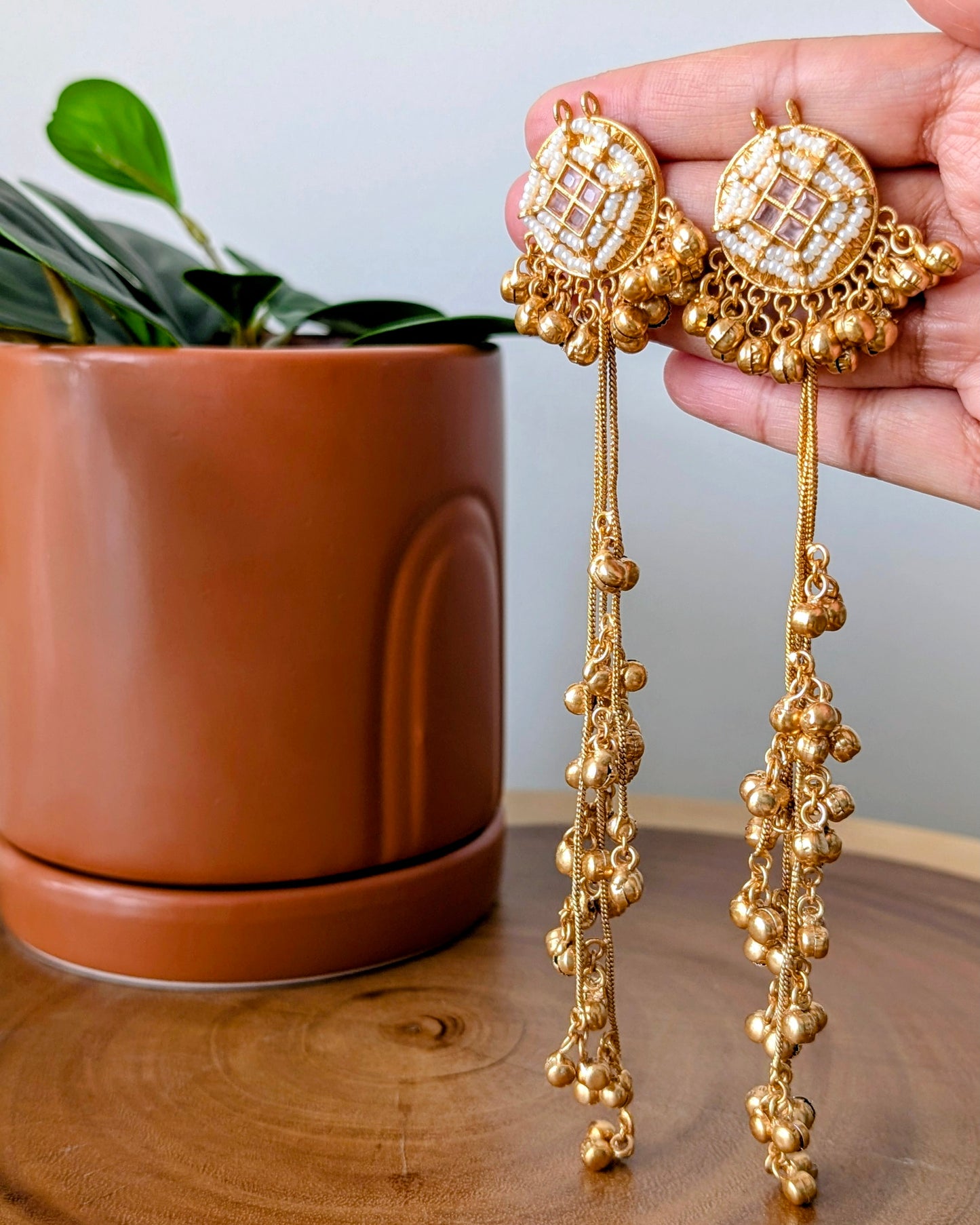 Anuja Long Golden Kashmiri Jhumke - White