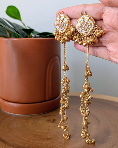 Anuja Long Golden Kashmiri Jhumke - White