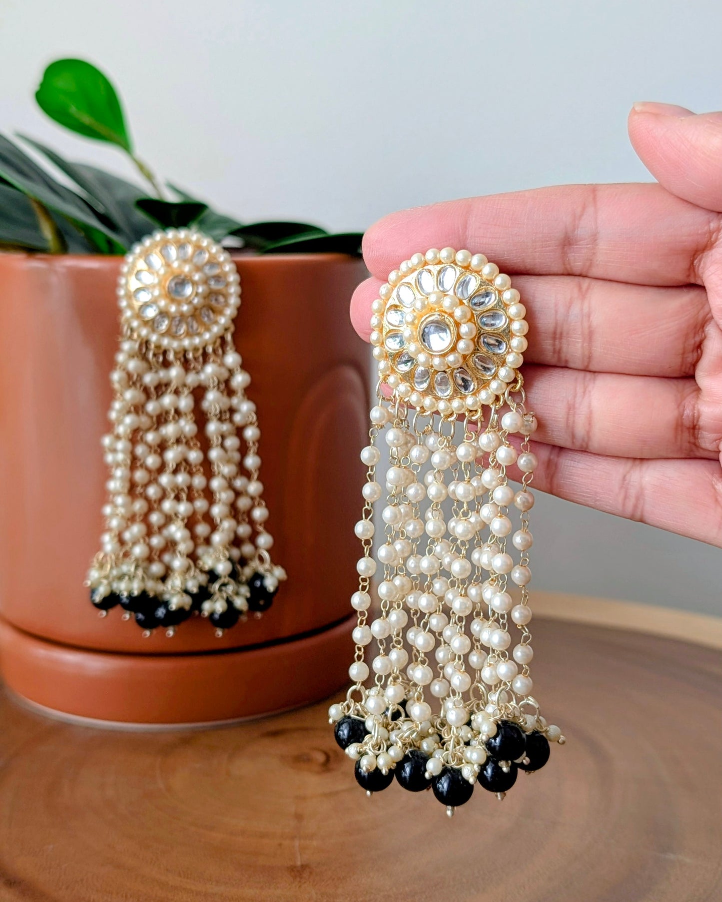 Shazia Pearl Kundan Earrings in Black