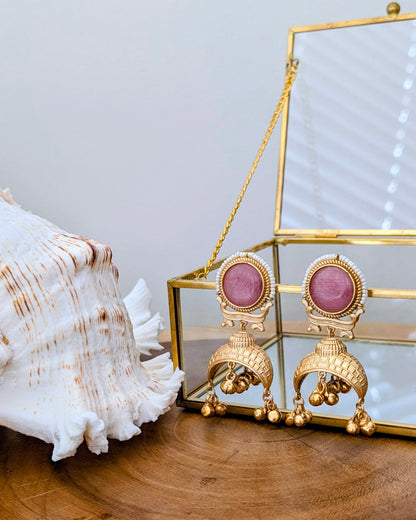 Hadia Golden Kashmiri Jhumke - Light Pink