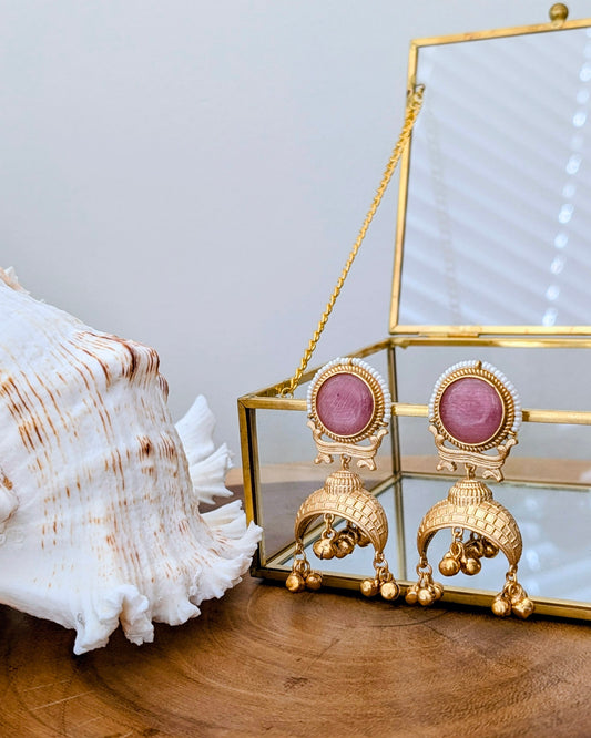 Hadia Golden Kashmiri Jhumke - Light Pink