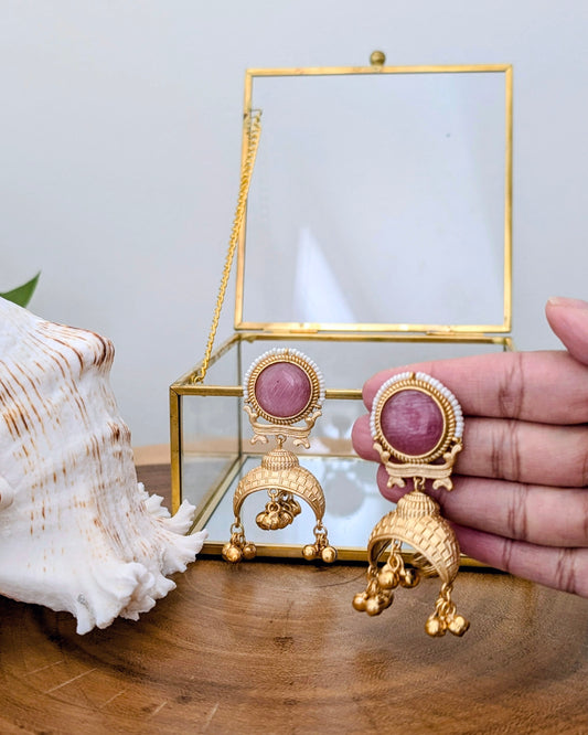 Hadia Golden Kashmiri Jhumke - Light Pink