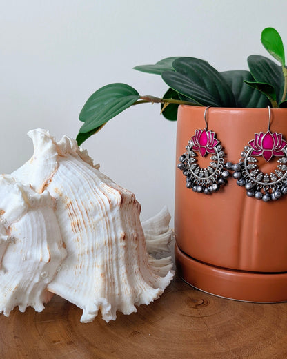 Leena Enamel Hand Painted Oxidized Silver Lotus Ghungroo Chandbali - Pink