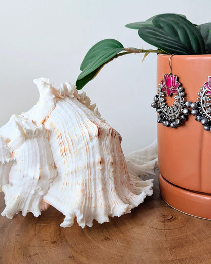 Leena Enamel Hand Painted Oxidized Silver Lotus Ghungroo Chandbali - Pink