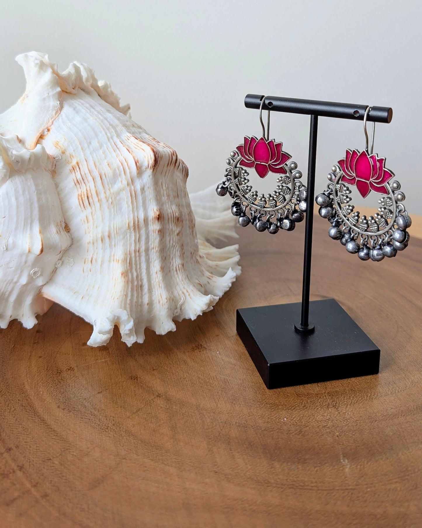Leena Enamel Hand Painted Oxidized Silver Lotus Ghungroo Chandbali - Pink