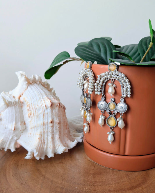 Veera Oxidized Silver Chandbali Jhumka - Yellow