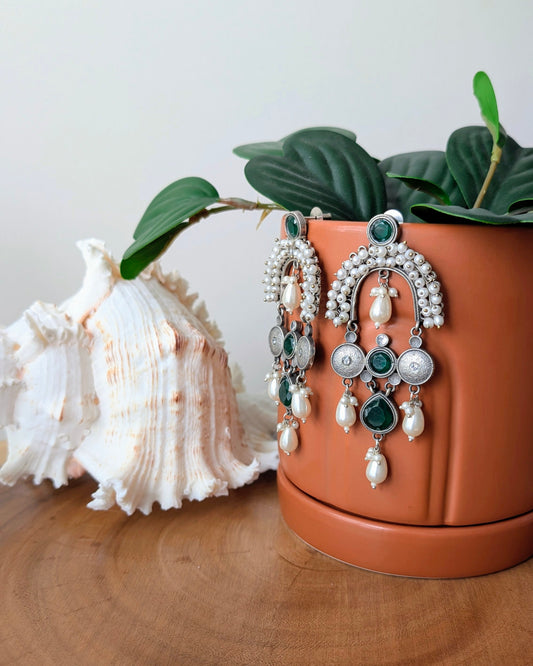 Veera Oxidized Silver Chandbali Jhumka - Green