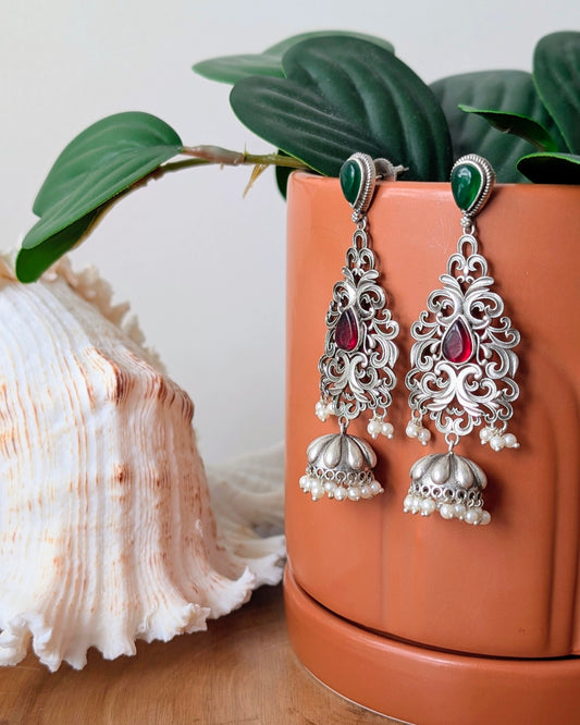Ella Oxidized Silver Jhumka - Red & Green