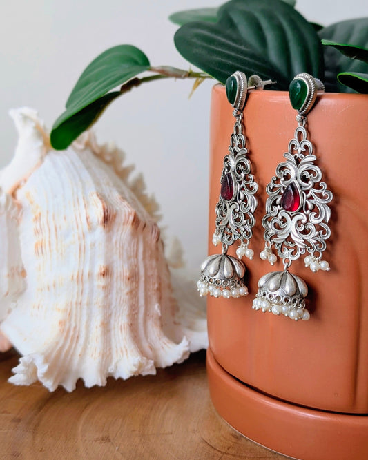 Ella Oxidized Silver Jhumka - Red & Green
