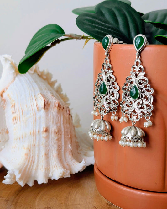 Ella Oxidized Silver Jhumka - Green