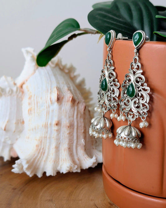 Ella Oxidized Silver Jhumka - Green