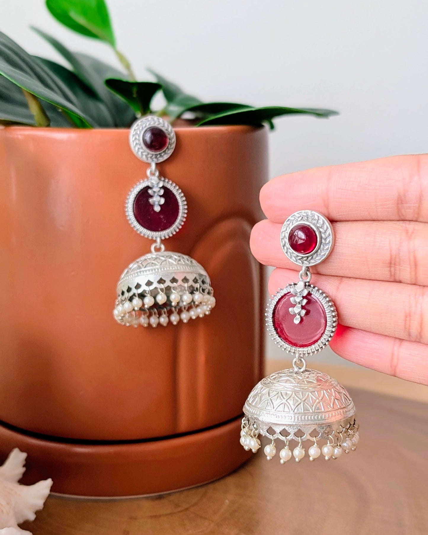 Krisha Oxidized Silver Jhumka - Red