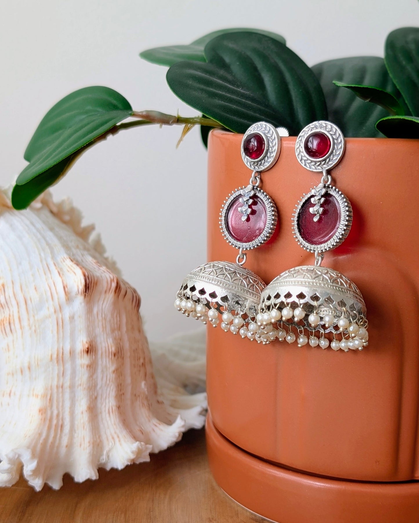Krisha Oxidized Silver Jhumka - Red