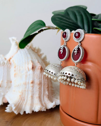 Krisha Oxidized Silver Jhumka - Red