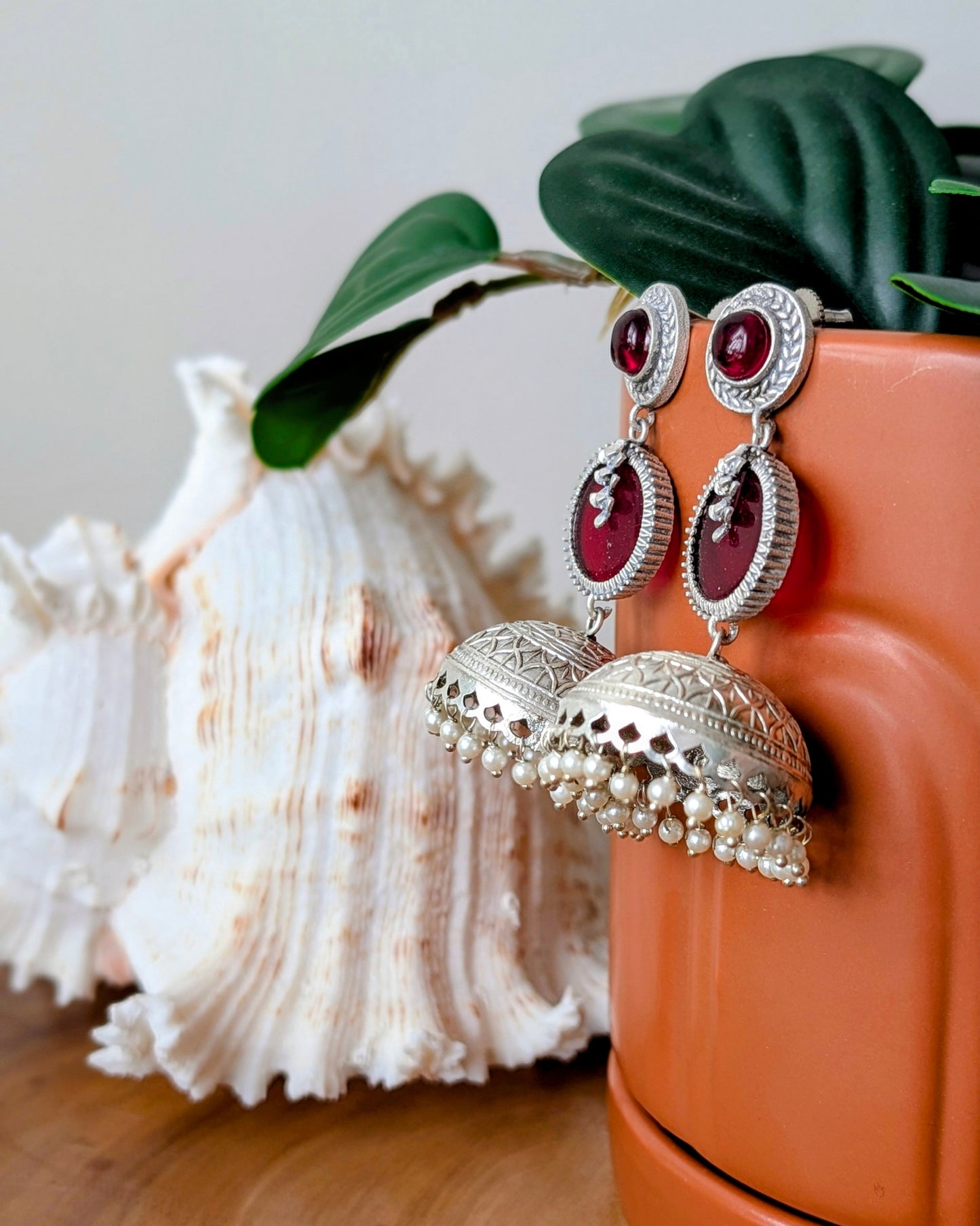 Krisha Oxidized Silver Jhumka - Red
