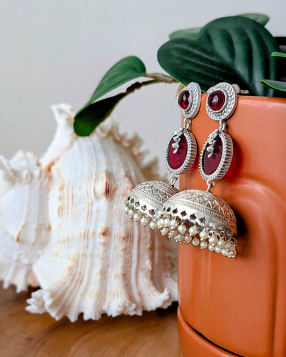 Krisha Oxidized Silver Jhumka - Red