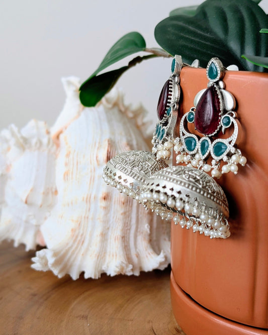 Chhavi Oxidized Silver Jhumka - Red & Green