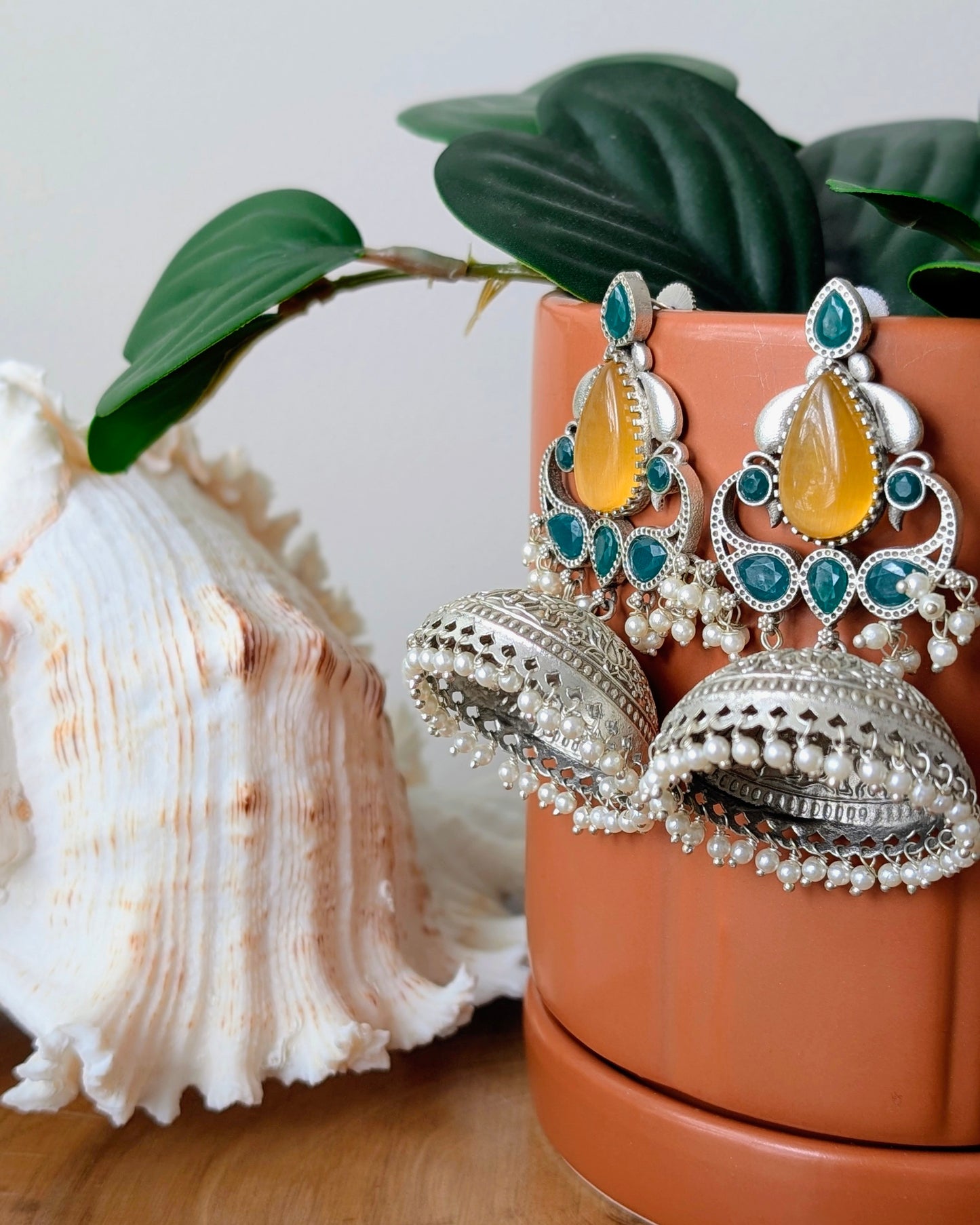 Chhavi Oxidized Silver Jhumka - Yellow & Green