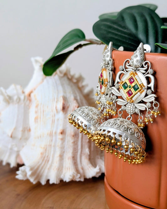 Diya Oxidized Silver Kundan Jhumka