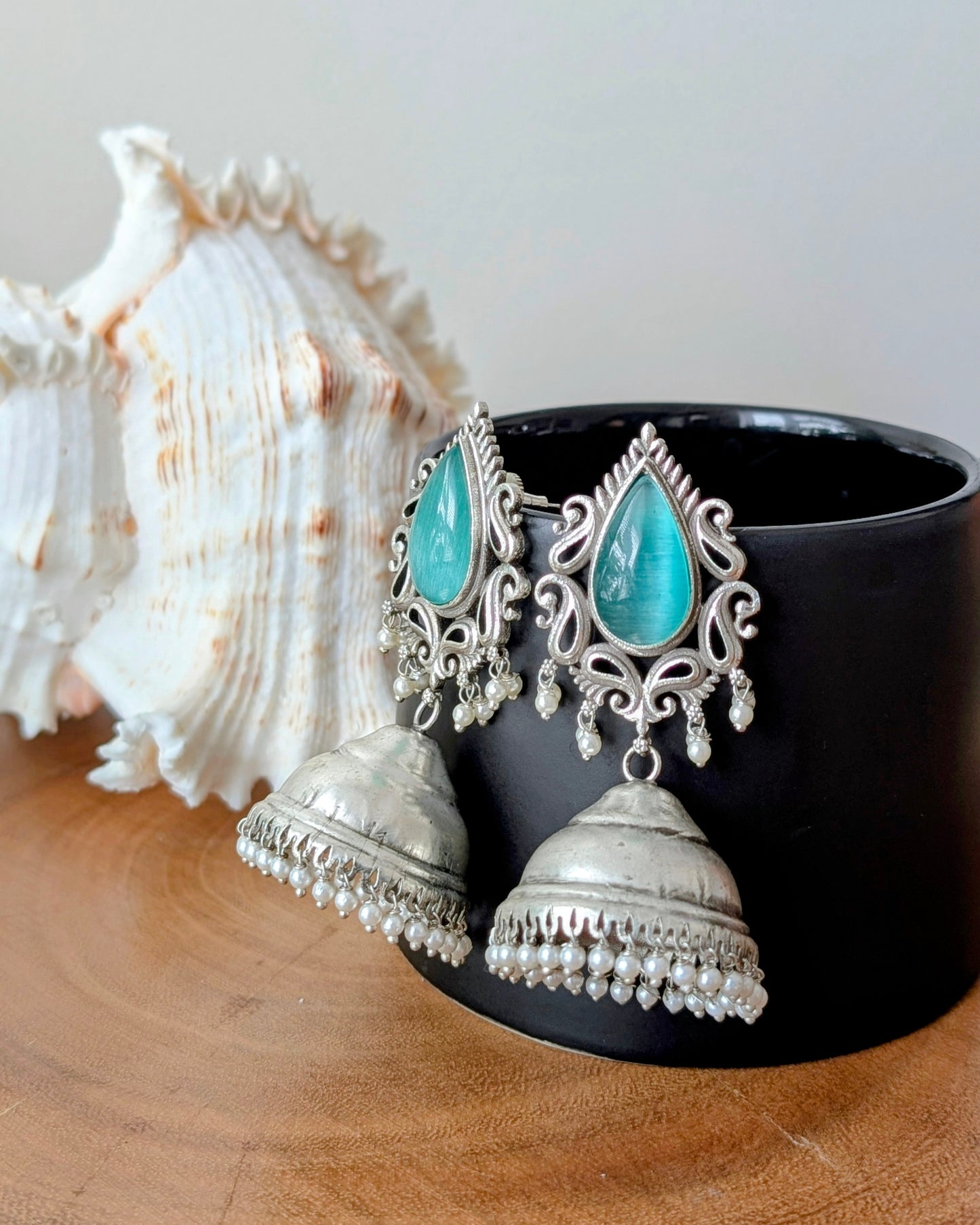 Guneet Oxidized Silver Jhumka - Mint