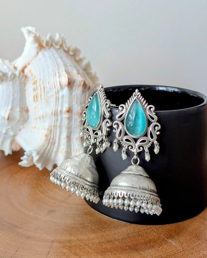 Guneet Oxidized Silver Jhumka - Mint