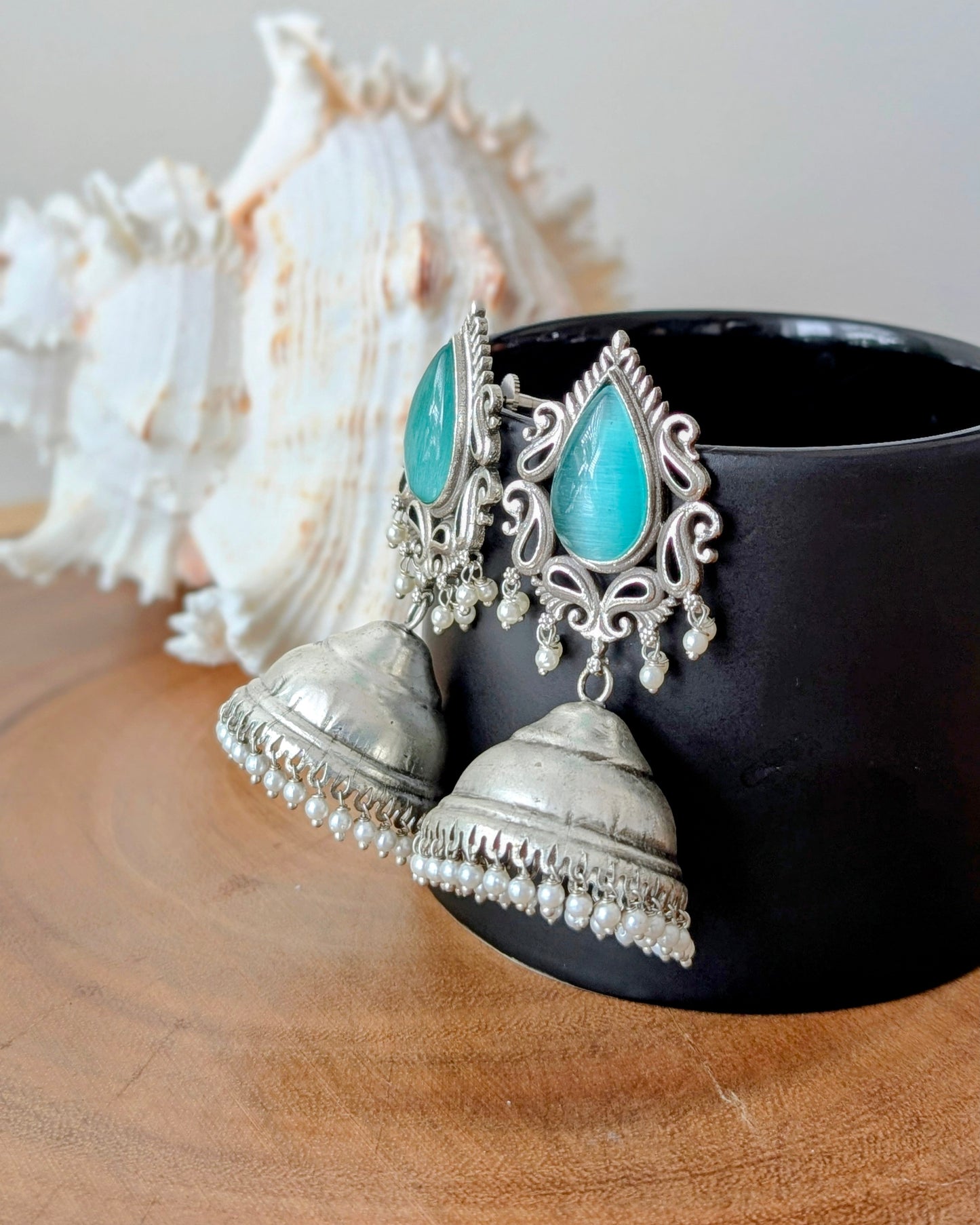 Guneet Oxidized Silver Jhumka - Mint