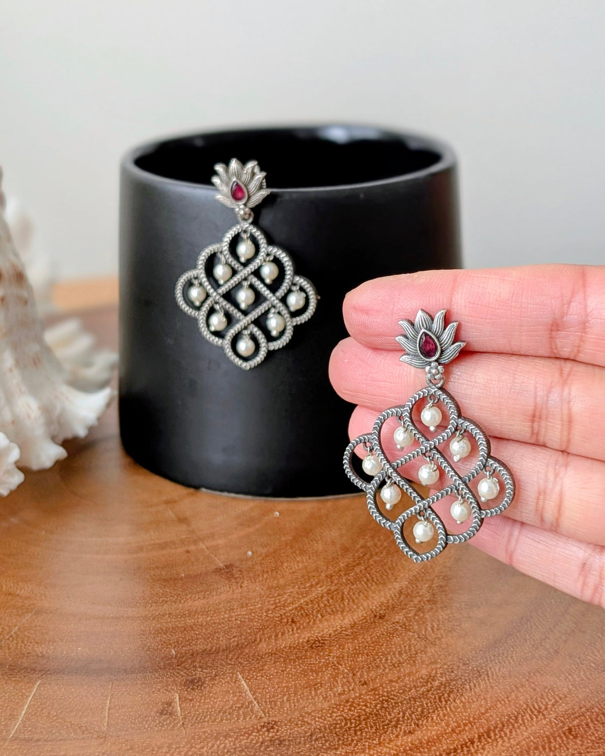 Red Stone Navya Oxidized Silver Brass Chandbali