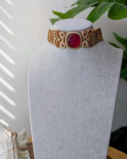 Nurvi Kundan Polki Necklace - Red