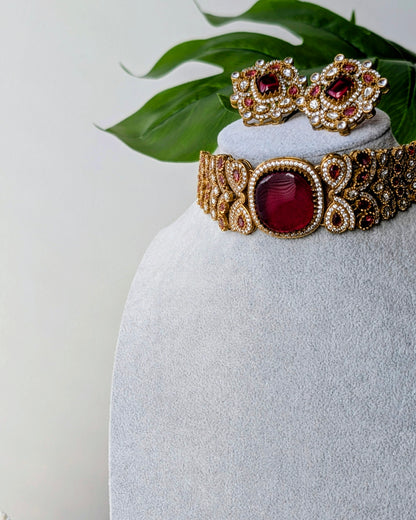 Nurvi Kundan Polki Necklace - Red