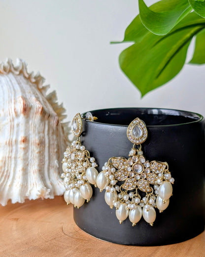 Sharmeen Antique Golden Chandbali Earrings - White