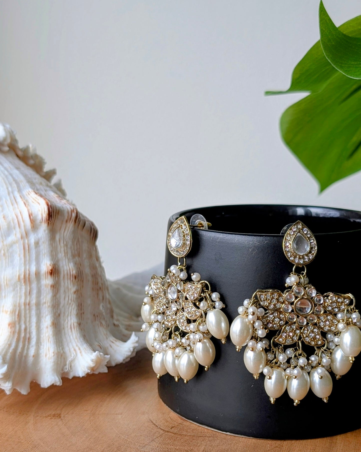 Sharmeen Antique Golden Chandbali Earrings - White