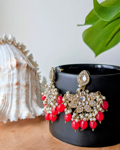 Sharmeen Antique Golden Chandbali Earrings - Red