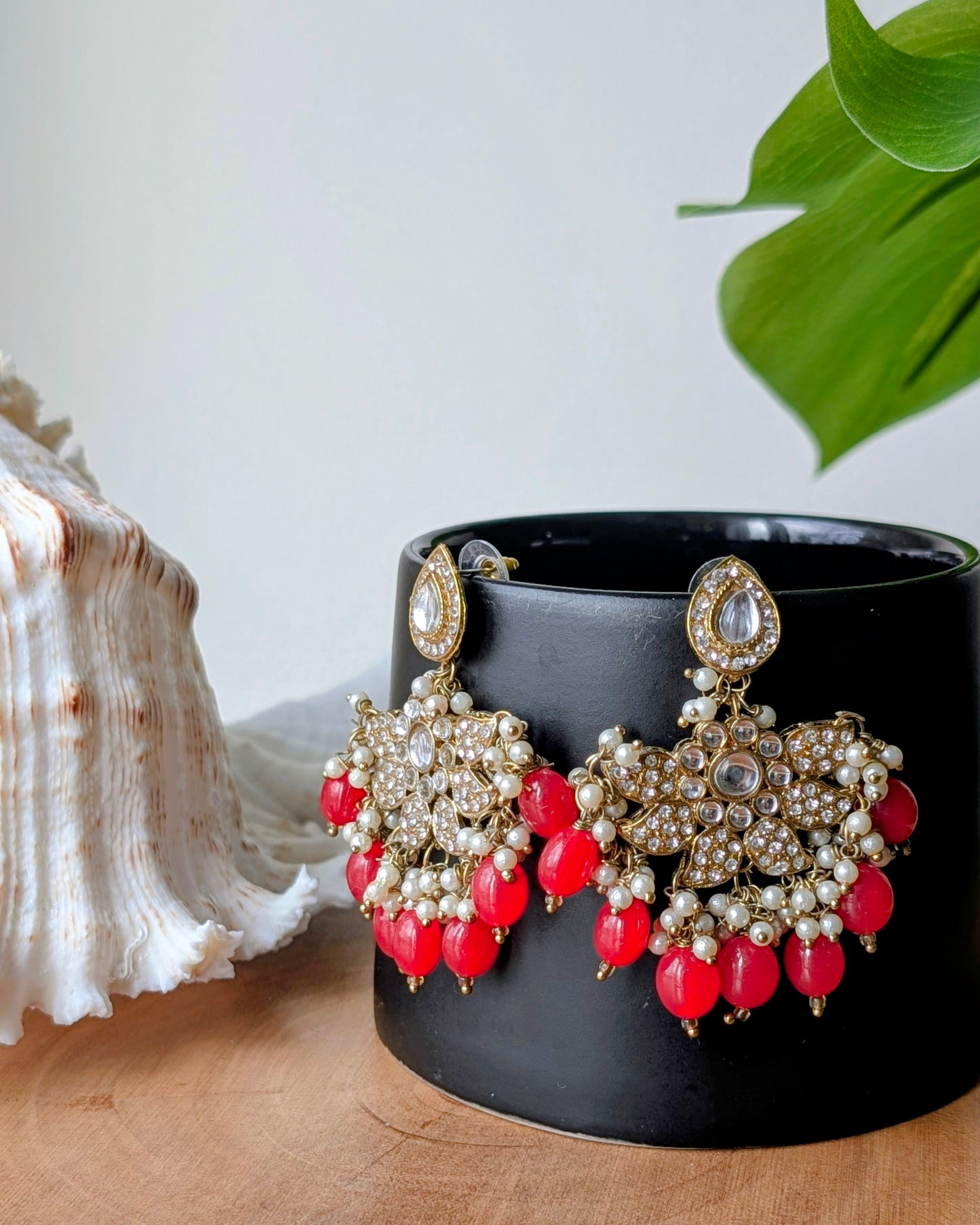 Sharmeen Antique Golden Chandbali Earrings - Red