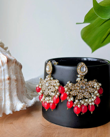 Sharmeen Antique Golden Chandbali Earrings - Red