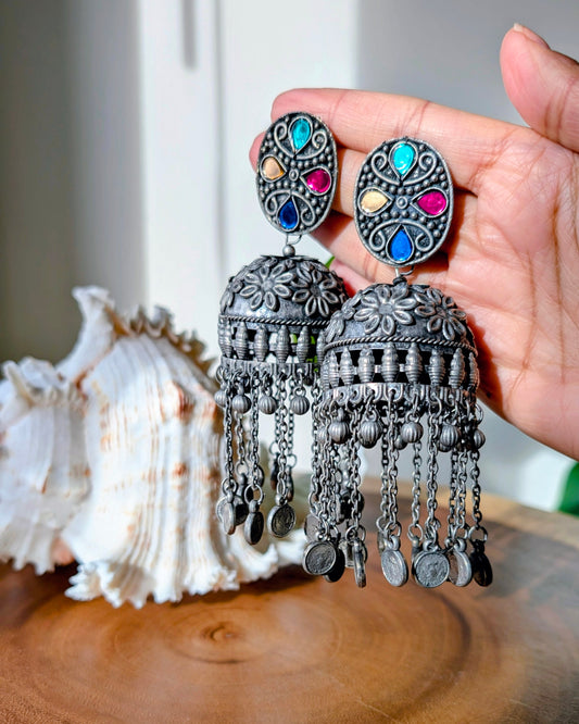 Arifa Oxidized Silver Boho Jhumka Earrings